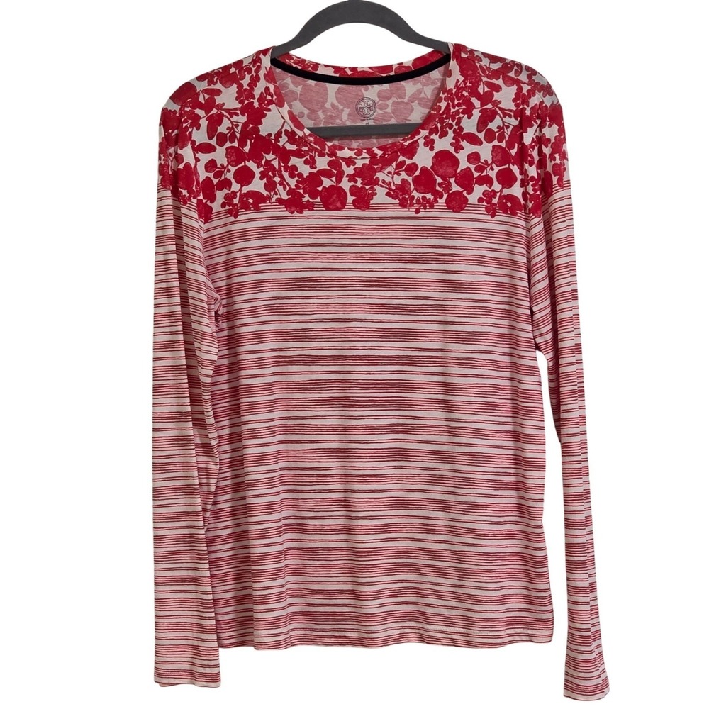 Tory Burch  Red Floral Striped Pima Cotton Long Sleeve Top Women's Size Medium
